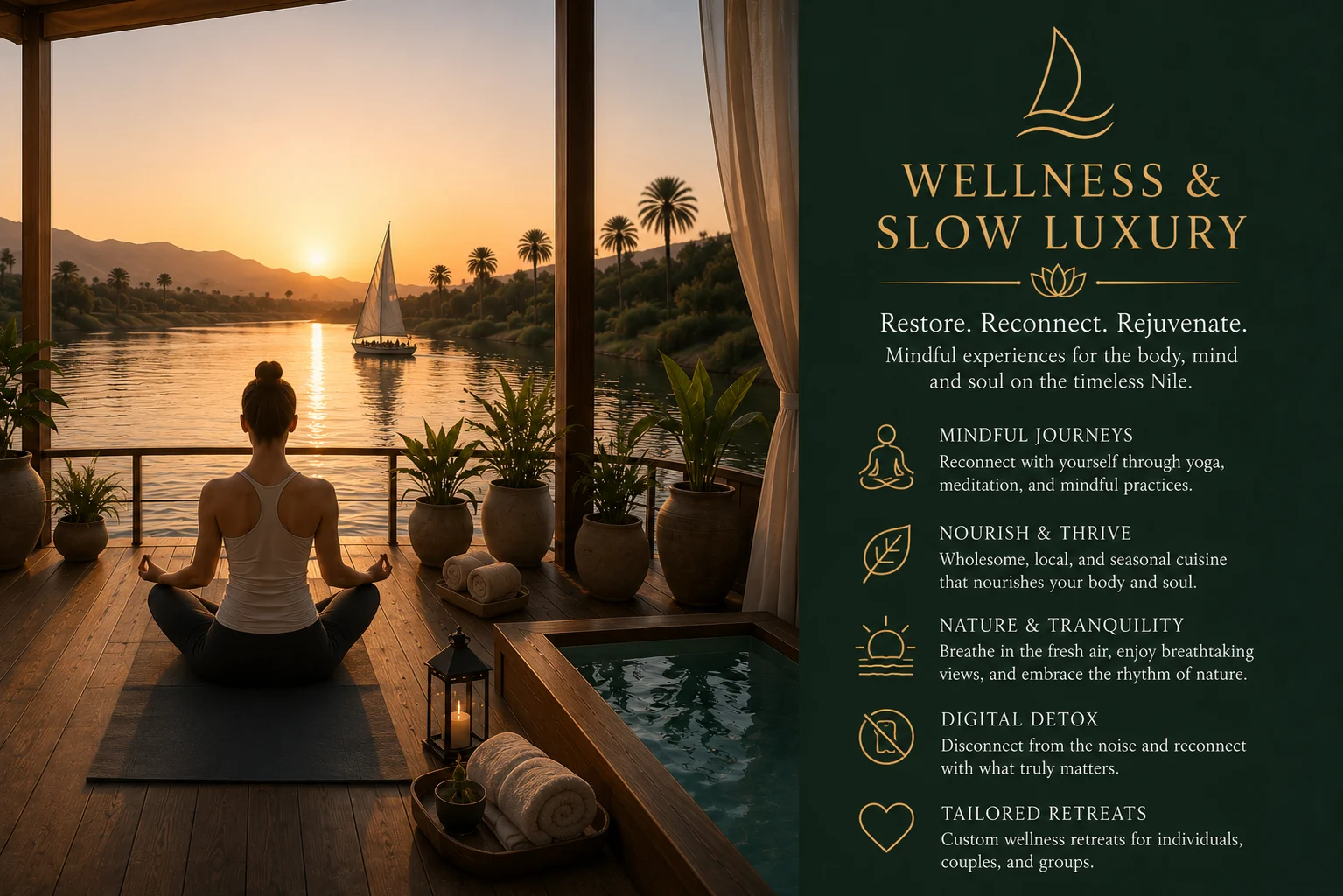 Wellness and slow luxury dahabiya retreat on the Nile